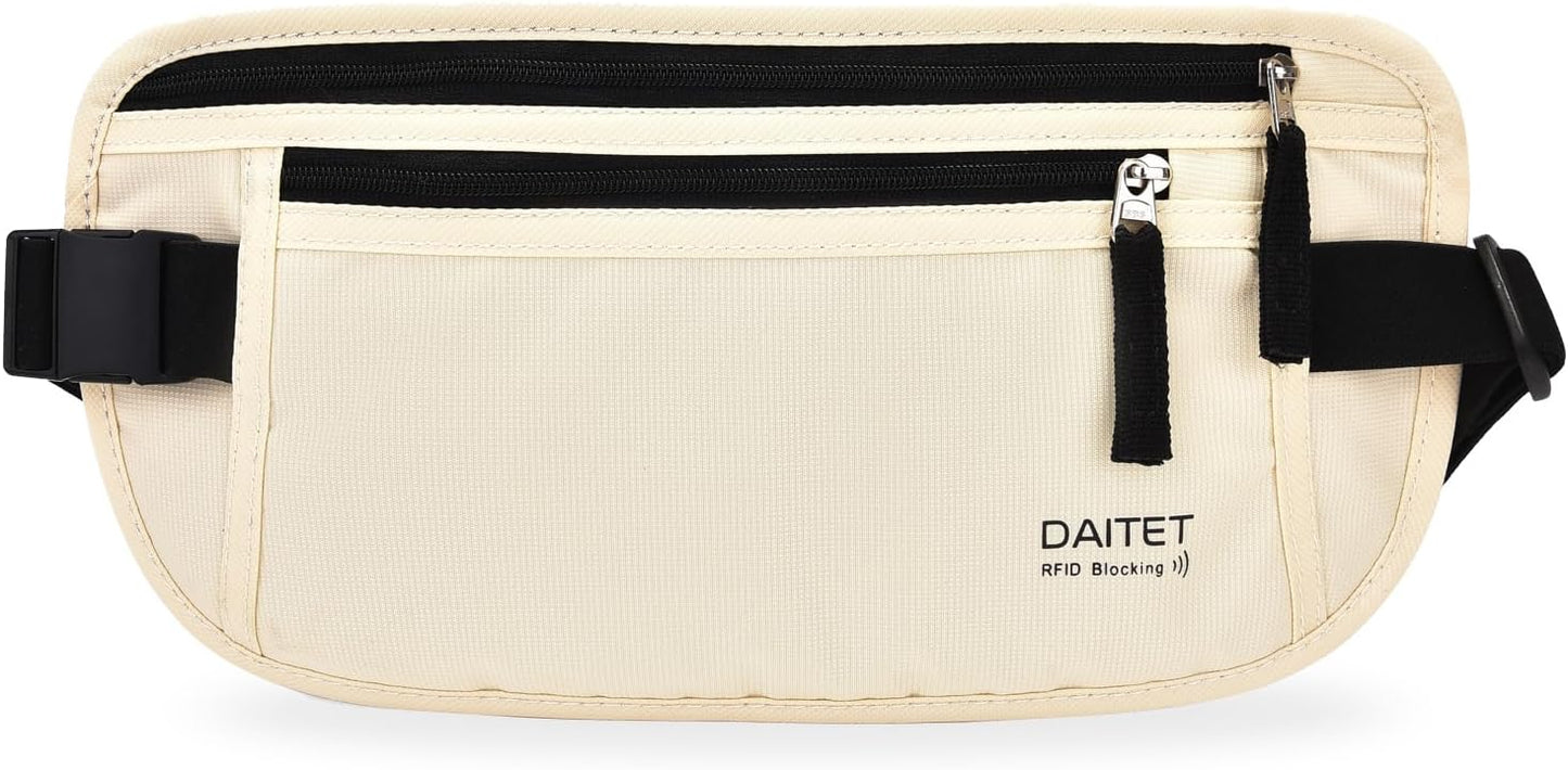 RFID Blocking Money Belt for Men Women, Slim Fanny Pack for Travel，Running,Conceal Waist Wallet for Passport Holder,Phone,Cash(Cream White)