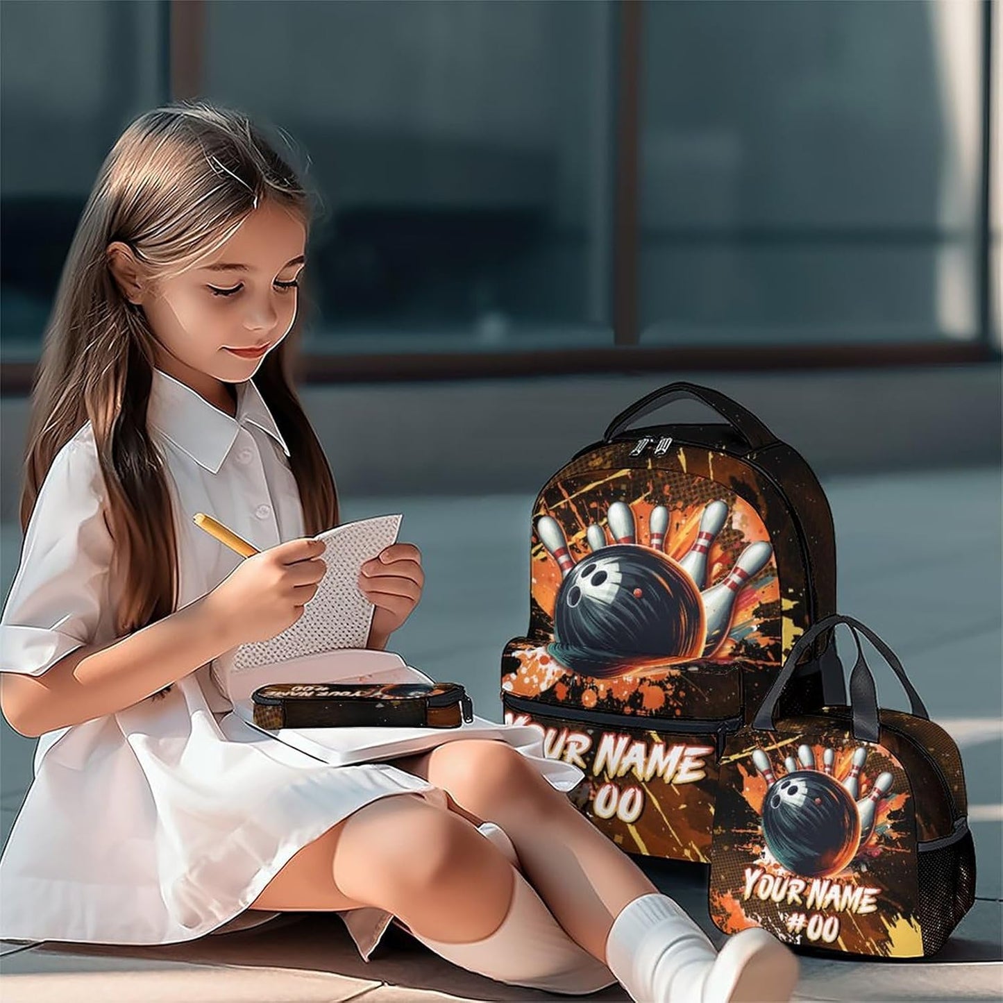 COZYAURA Kids Backpack Boys - Personalized Bowling Backpacks Set for School - Sports Bookbag with Lunch Bag & Pencil Case - Bowling Ball Book Bags for Elementary Middle School