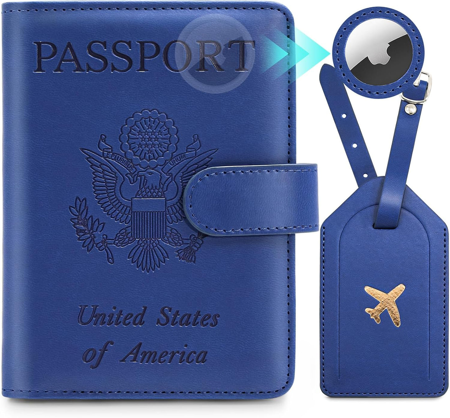 Passport Holder For Travel with Slot for AirTag & Luggage Tag Cover – RFID Blocking Travel Passport Wallet for Women/Men/Family | PU Leather Passport Case with Extra Money Pocket, Blue