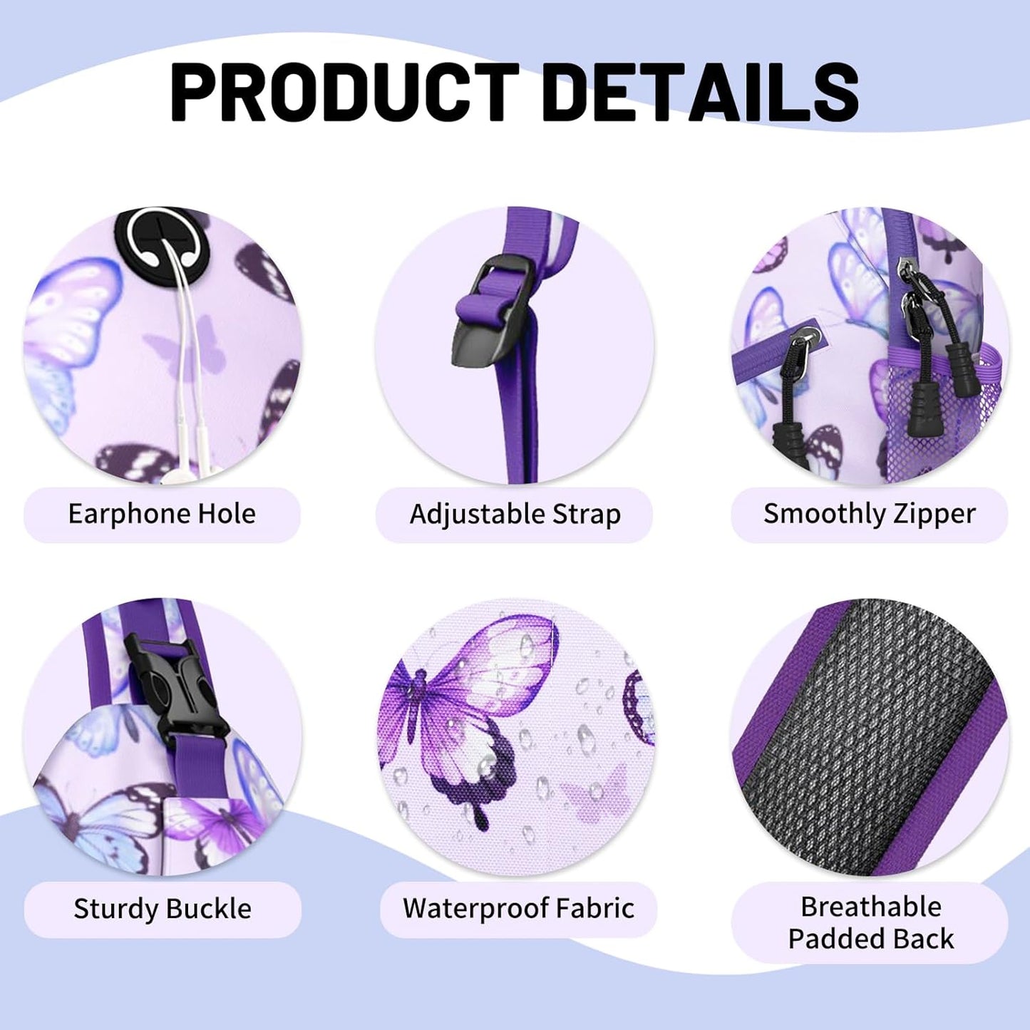 Purple Butterfly Sling Bag Crossbody Chest Bag for Women Men, Water Resistant Lightweight Casual Crossbody Bag with Adjustable Strap, Travel Hiking Daypack Shoulder Backpack