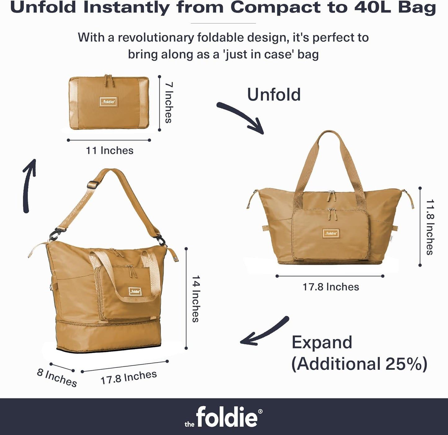 The Foldie Foldable Travel Bag for Women - 40L Weekender Bag with Multiple Pockets - Carry On Expendable Travel Bag