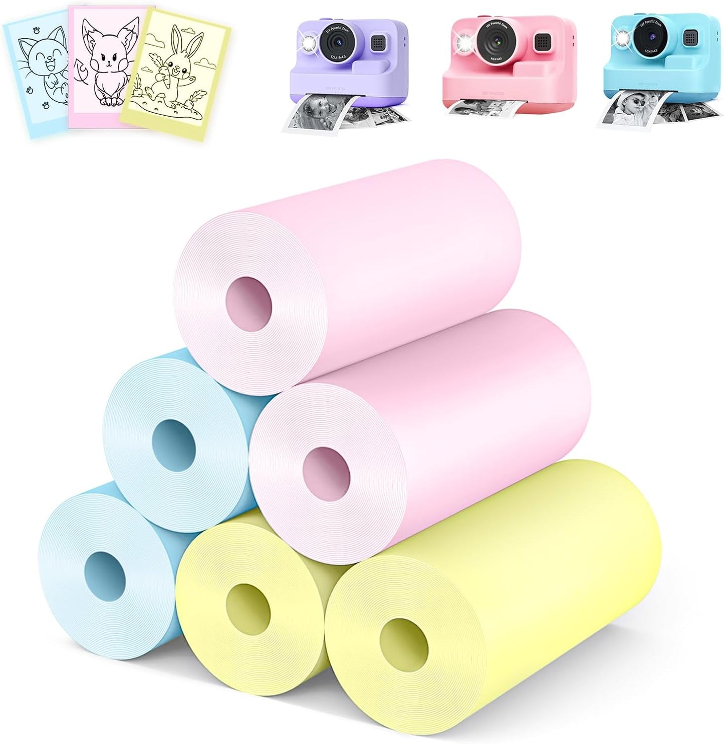 Kids Camera Instant Photo Printing Paper Roll, 6 Rolls Leebotree Thermal Print Refill Fit for Most Kids Instant Camera Includes ESOXOFFORE/Dylanto/DUDUDRAGON/Cimizi (2pink-2yellow-2blue)