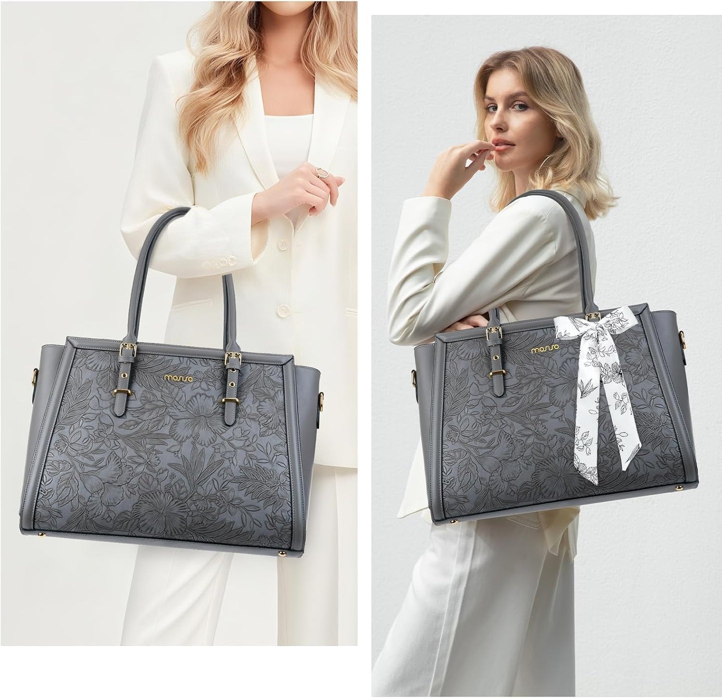 MOSISO Laptop Bag for Women, PU Leather Tote Bag, Front Embossed Retro Hibiscus Computer Bags with Silk Scarf&Clutch Purse
