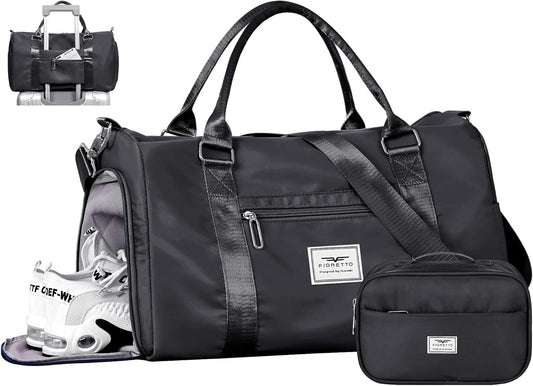 FIORETTO Womens Gym Tote Duffle Bag with Toiletry Bag, Sports Duffel Overnight Hospital Workout Carry on Bag for Girls with Wet Pocket & Shoe Compartment, Ideal for Travel, Swimming, Dance Black