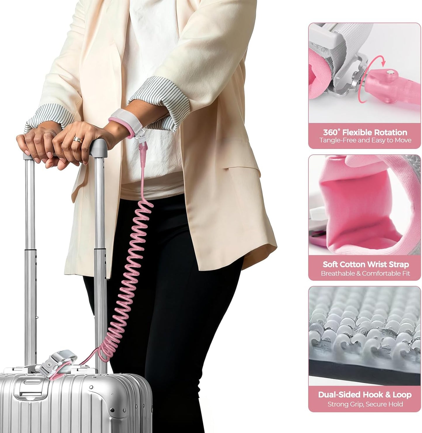 Cable Luggage Lock, Retractable Cable Lock Anti Lost Travel Locks for Suitcase with Wrist Strap for Suitcases, Backpacks, and Carry-On Bags, Pink