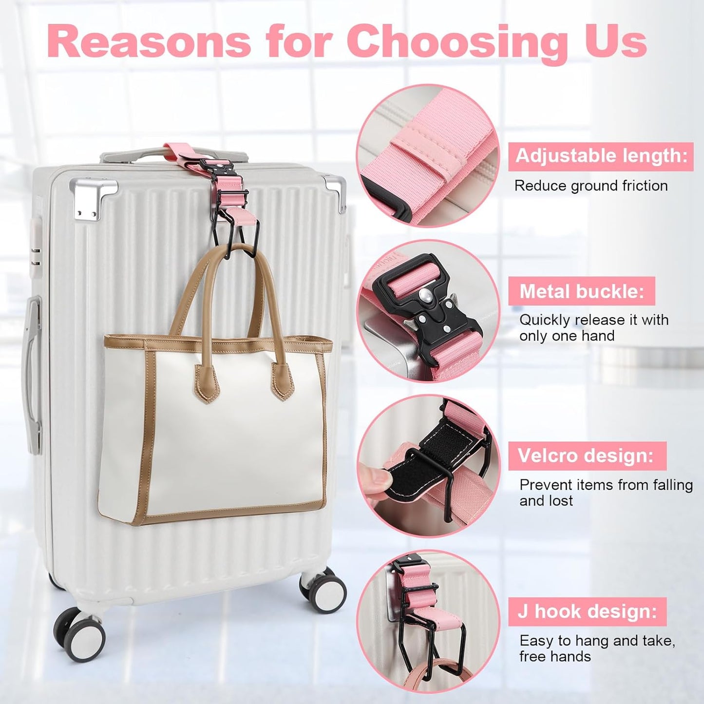 J Hook for Luggage Strap, Luggage Hook Strap Flight Attendant with Hands Free, Adjustable Luggage Hook for Carry on Bag
