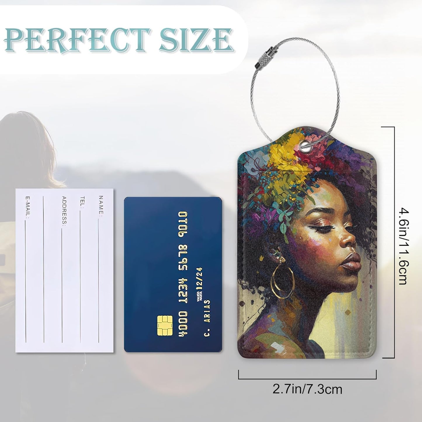 Luggage Tags for Suitcase,2 Pack African Girl Flowers Luggage Tag PU Leather Privacy Cover ID Label with Stainless Steel Loop for Women Men Teens Travel