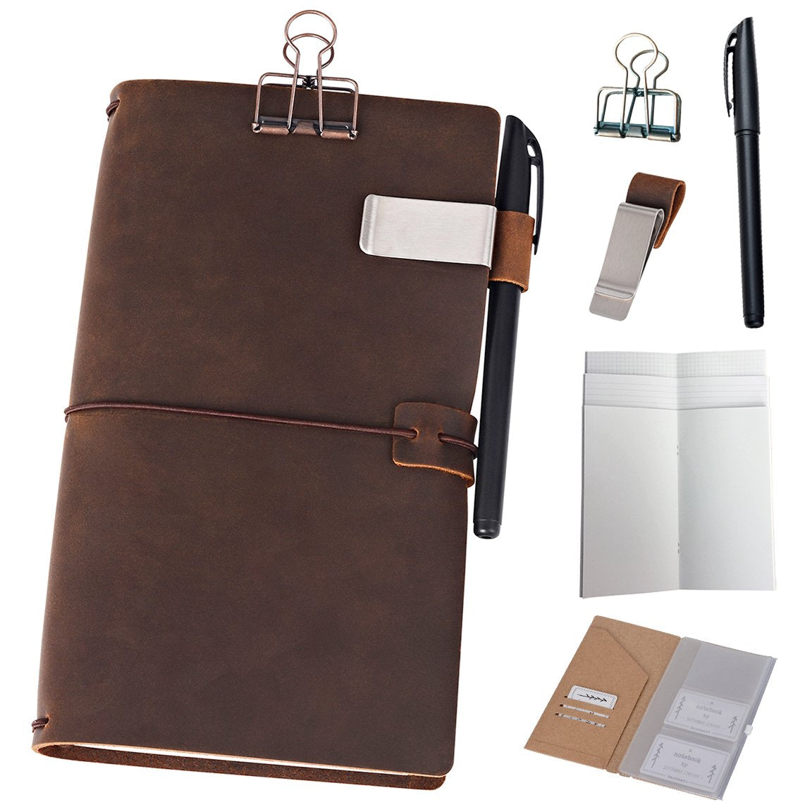 newestor Refillable Leather Journal Travelers Notebook - 8.5 x 4.5 Travel Diary with 5 Inserts +