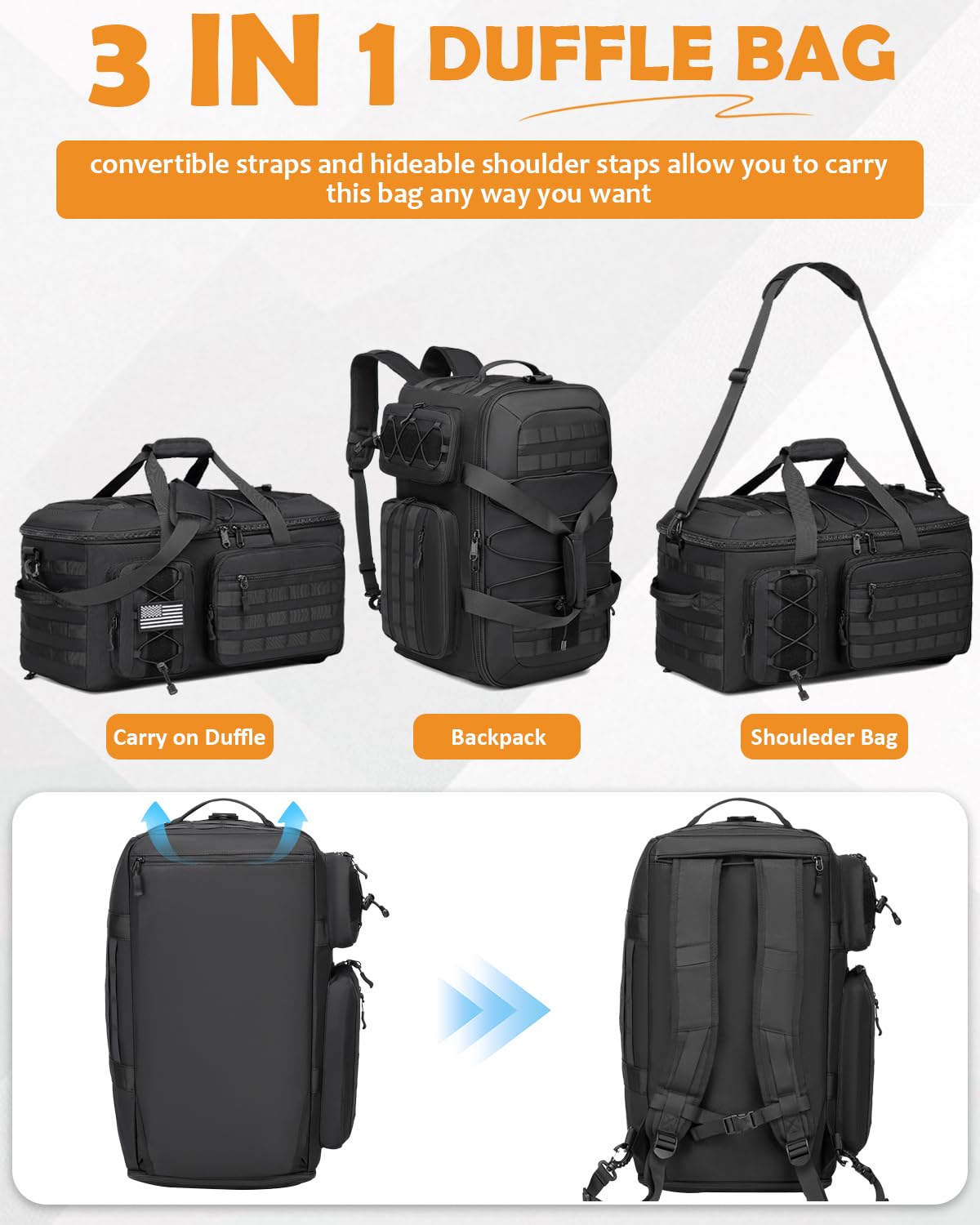 65L Large Travel Duffle Bag for Men, 3-in-1 Convertible Backpack and Gym Bag with Shoe Compartment