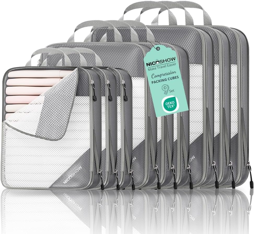 9 Set Compression Packing Cubes for Travel - Compressible, Lightweight, and Space-Saving Packing Cubes, Travel Essentials for Women, Grey
