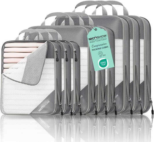 9 Set Compression Packing Cubes for Travel - Compressible, Lightweight, and Space-Saving Packing Cubes, Travel Essentials for Women, Grey