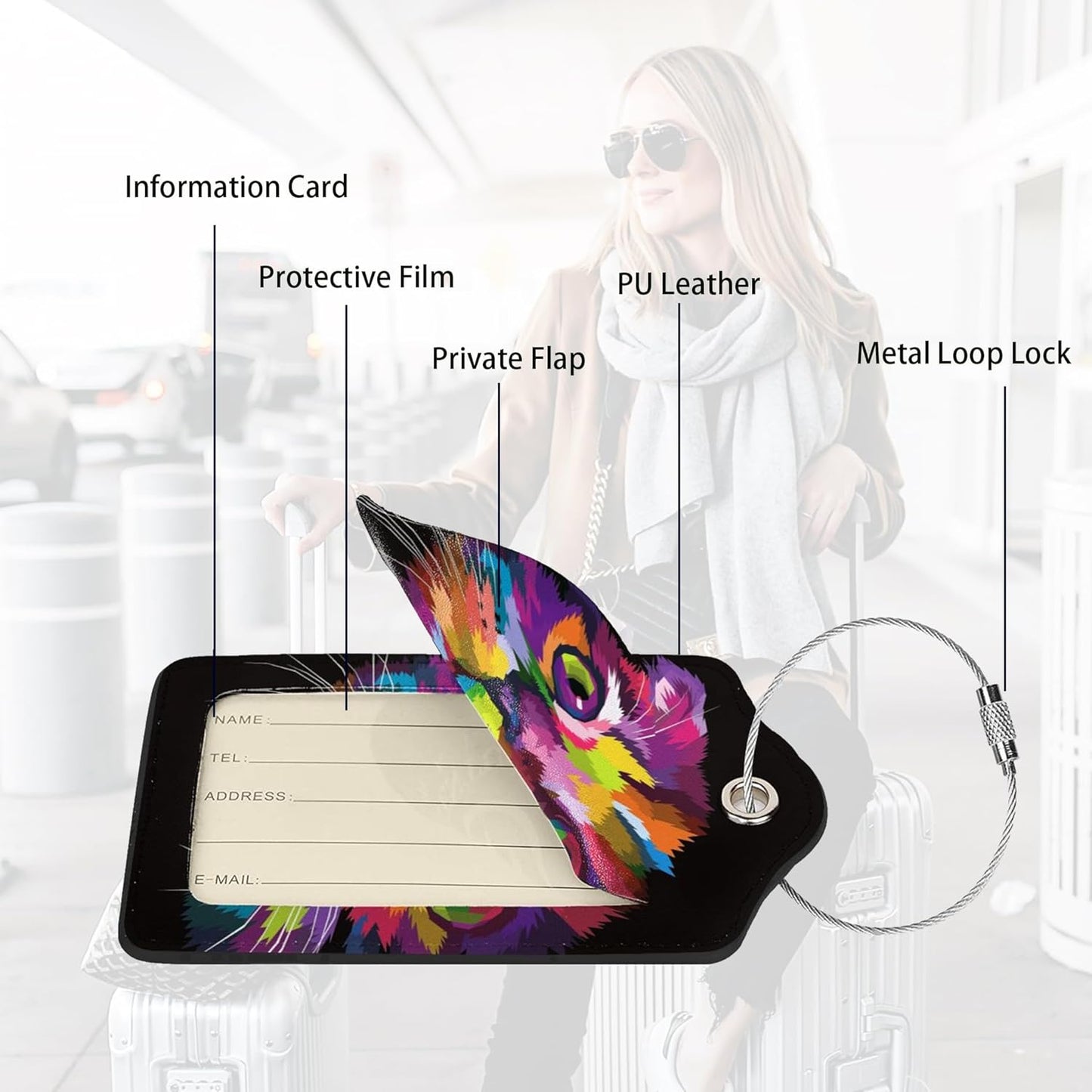 2 Pack Colorful Art Kitten Animal Luggage Tags Travel PU Cute Cat Leather Luggage Tag Name ID Labels with Privacy Cover Suitcases Women Men Girls Boys Fun Laggage Tags(Colorful Cats)
