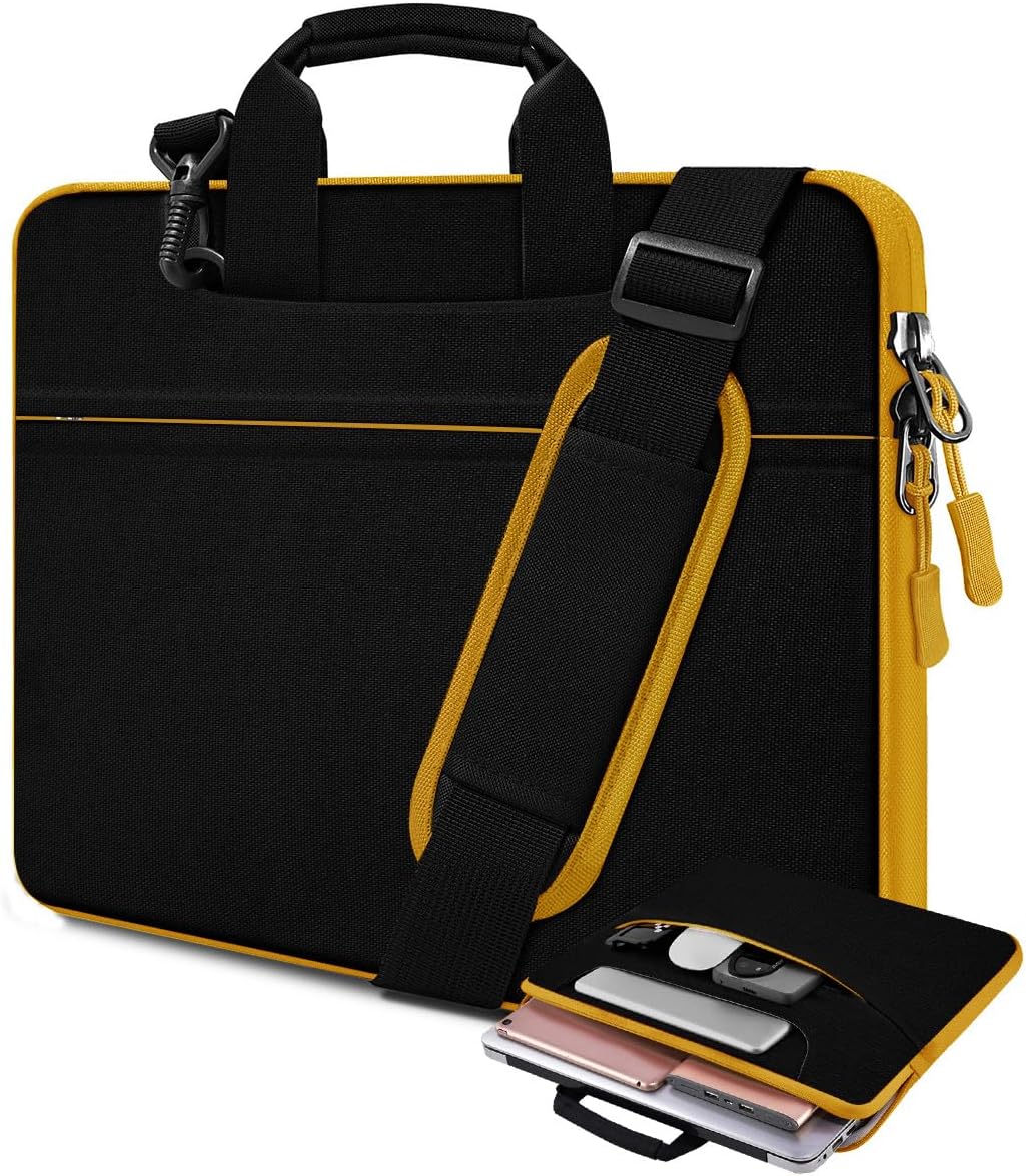 Laptop Case 15.6 inch Shoulder Bag, Durable Shockproof Protective Computer Carrying Briefcase with Multi-Pockets and Strap Compatible with Most 15.6 inch Notebooks,Black yellow