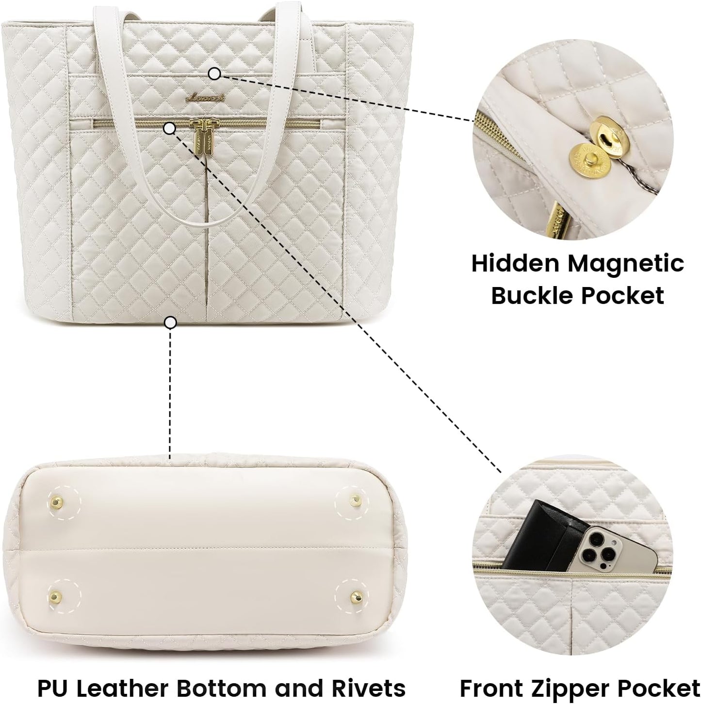 LOVEVOOK Laptop Bag for Women 17 inch,Diamond Quilted Work Tote Bags Womens Laptop Tote Bag Computer Shoulder Bags,Stylish Travel Tote Bags Laptop Purse Briefcase Handbag with Clutch Purse,Off-white