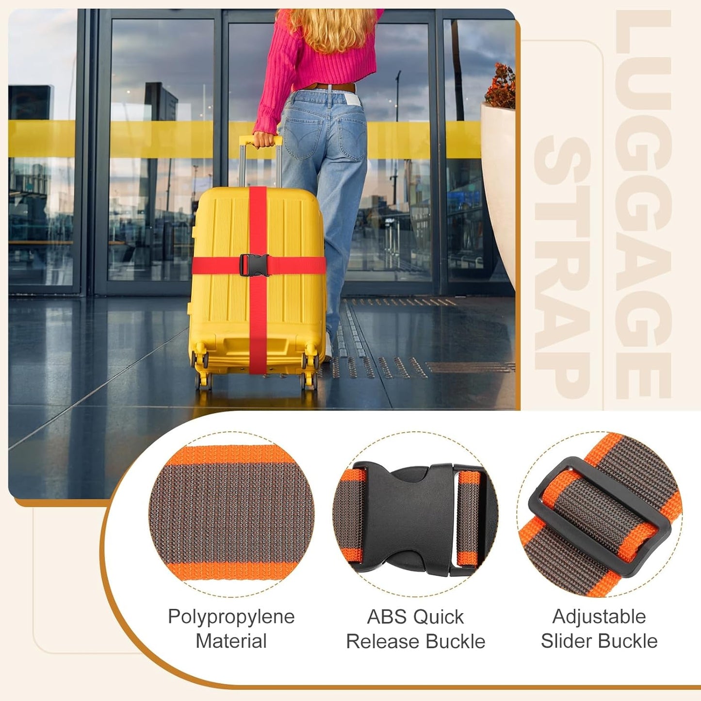 MECCANIXITY Luggage Straps with Quick-Release Buckle Adjustable Suitcase Belt Strap for Suitcase Briefcase Backpack Travel, Gray-Orange, Pack of 4