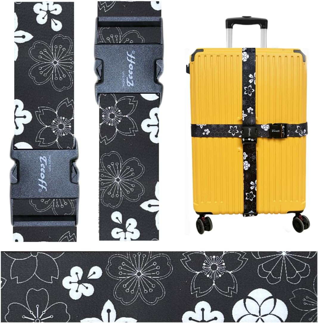 Teeoff Luggage Straps Suitcase Belts Travel Bag Accessories Adjustable 220CM (Sakura Black White - 2 Pack)