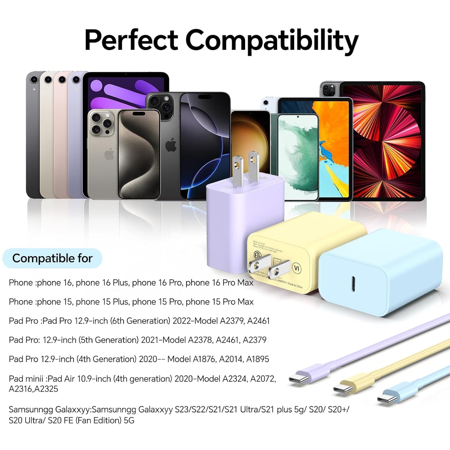 Compatible with iPhone 17/16/15 Charger Fast Charging, 3 Pack 20W USB C Colorful Charger Block with 10 FT USB-C to C Cable for Phone 17 16 15 Pro/Plus/Pro Max,Pad Pro 12.9/11 inch,Pad Air