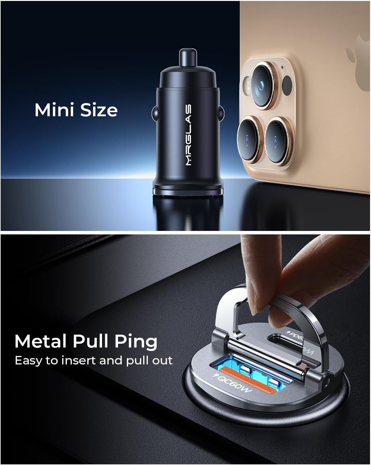 MRGLAS 125W Car Charger USB C Super Fast Charging, [PD65W & QC60W][Extra 3.3ft 60W USB C Cable][All Metal], Cigarette Lighter USB Charger for iPhone 17 16 Pro Max Air 15 Samsung S25 iPad
