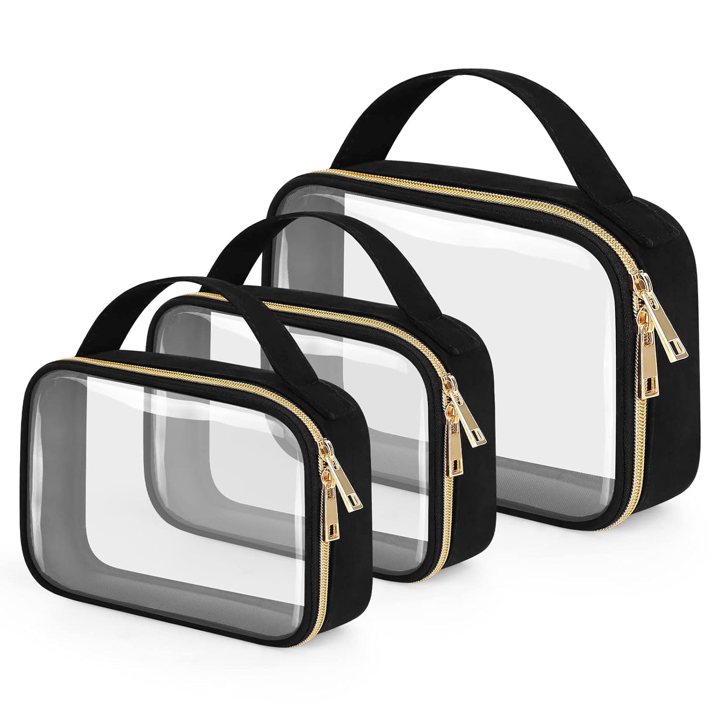 Wedama 3-Pack TSA Approved Toiletry Bags - PVC Cosmetic Bags with Double Zipper, Large Opening, Handles; Black
