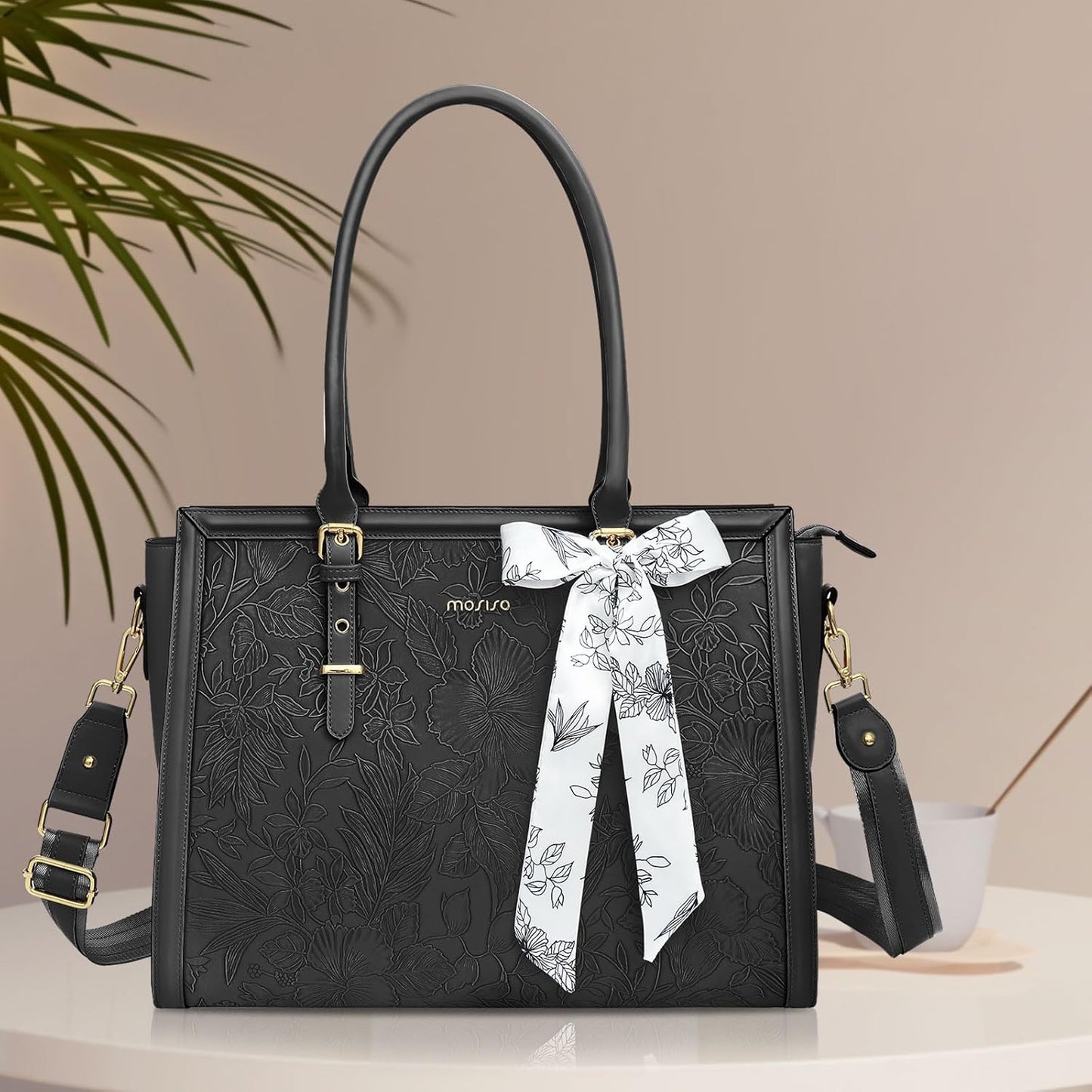 MOSISO Laptop Bag for Women, PU Leather Tote Bag, Front Embossed Retro Hibiscus Computer Bags with Silk Scarf&Clutch Purse