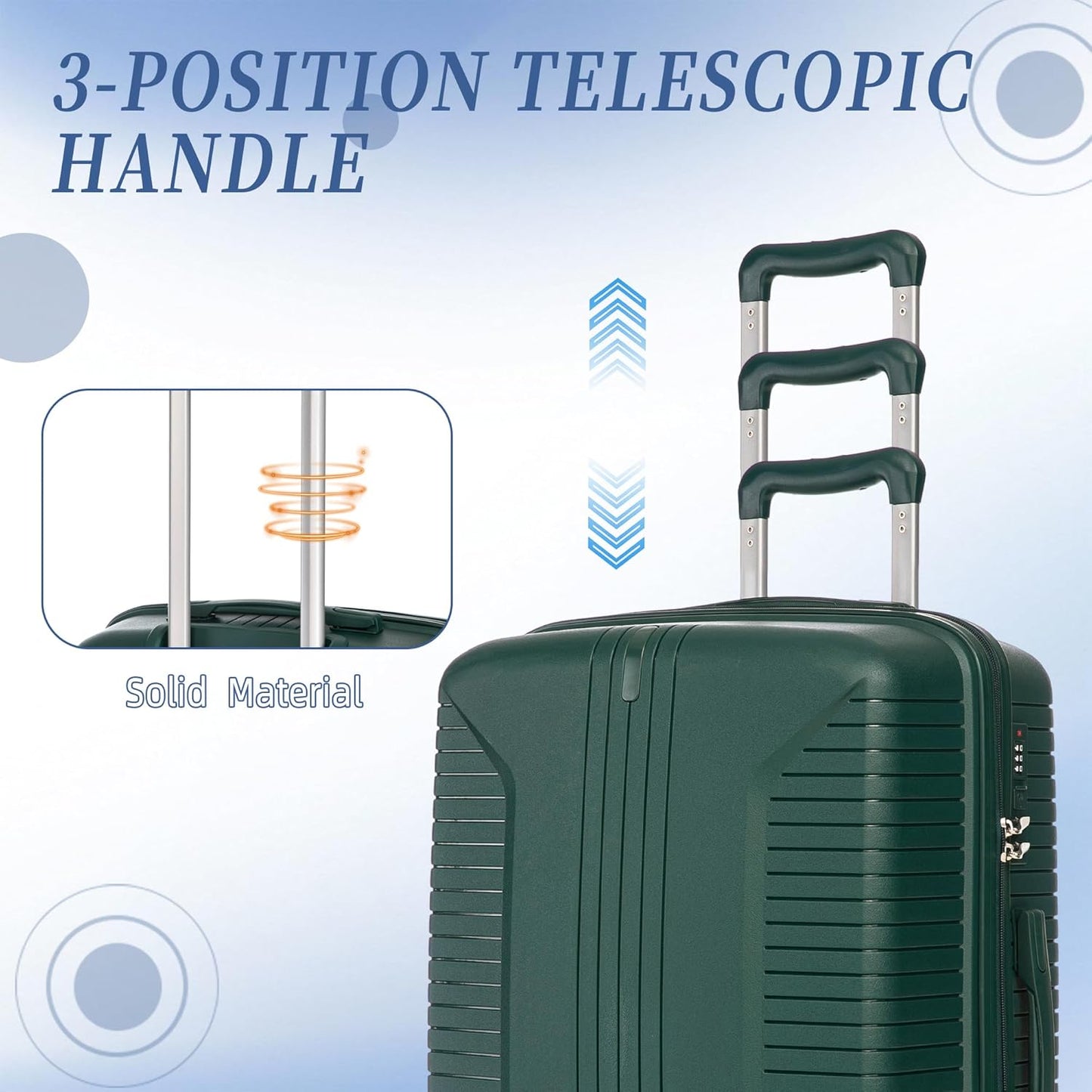 Campfun 3 Piece Luggage Sets, PP Suitcase Set with Double Spinner Wheels Hang Hook, Durable Carry On Luggage with Combination Lock, 20/24/28 inch, Green