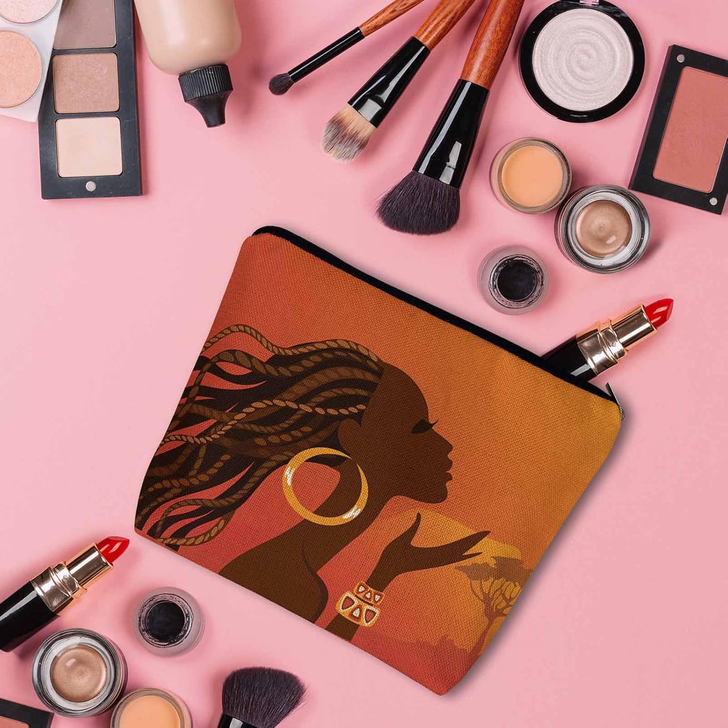 Women Makeup Organizer Bag African Woman Beautiful Black African Woman Flax Cosmetic Bag Makeup Bags Toiletry Bag Accessories Organizer Travel Bags For Home Bathroom Office Hotel Gym