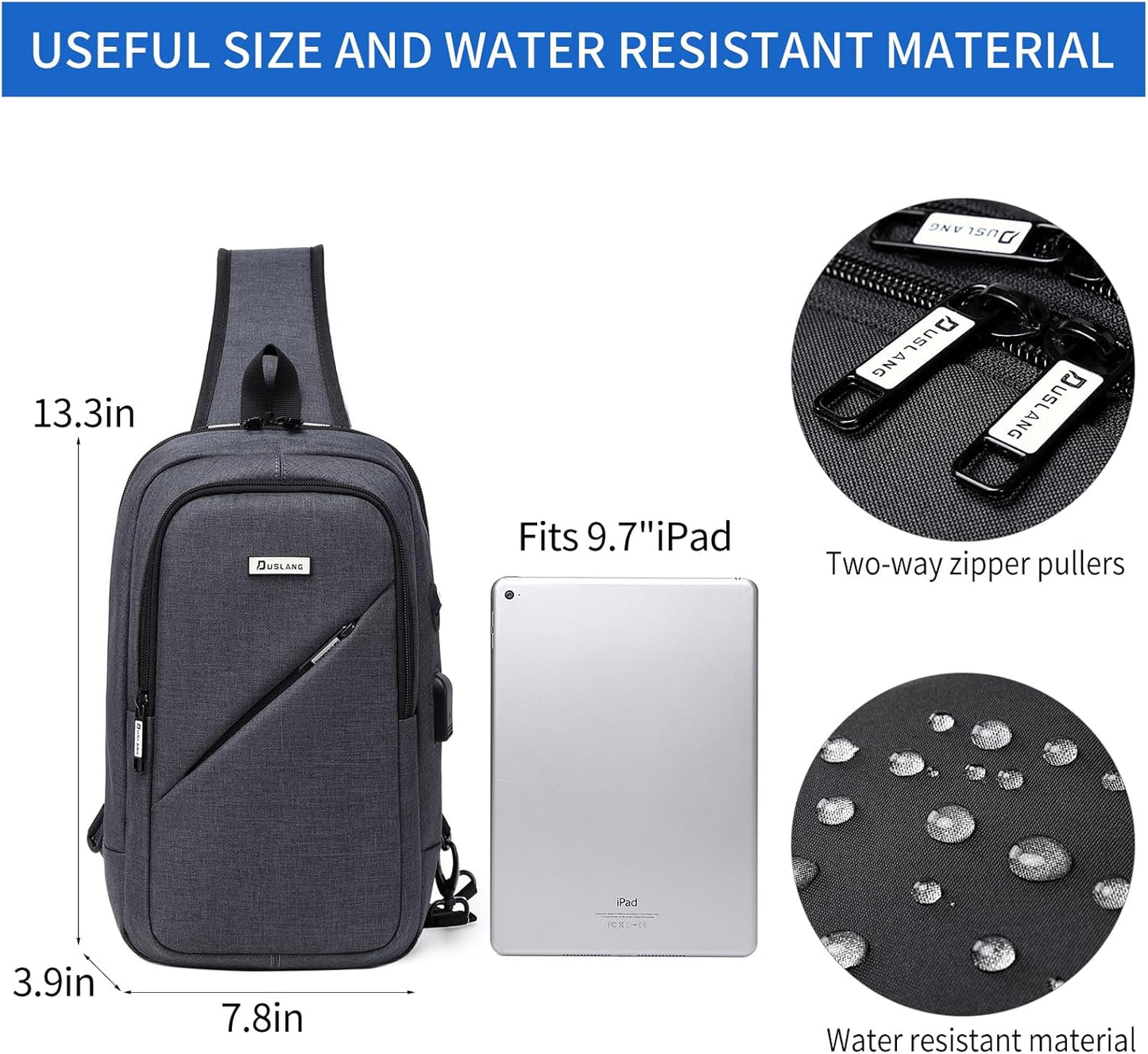 DUSLANG Hiking Crossbody Sling Backpacks Sling Bag for Men, Shoulder Backpack Chest Bags with USB Charger Port