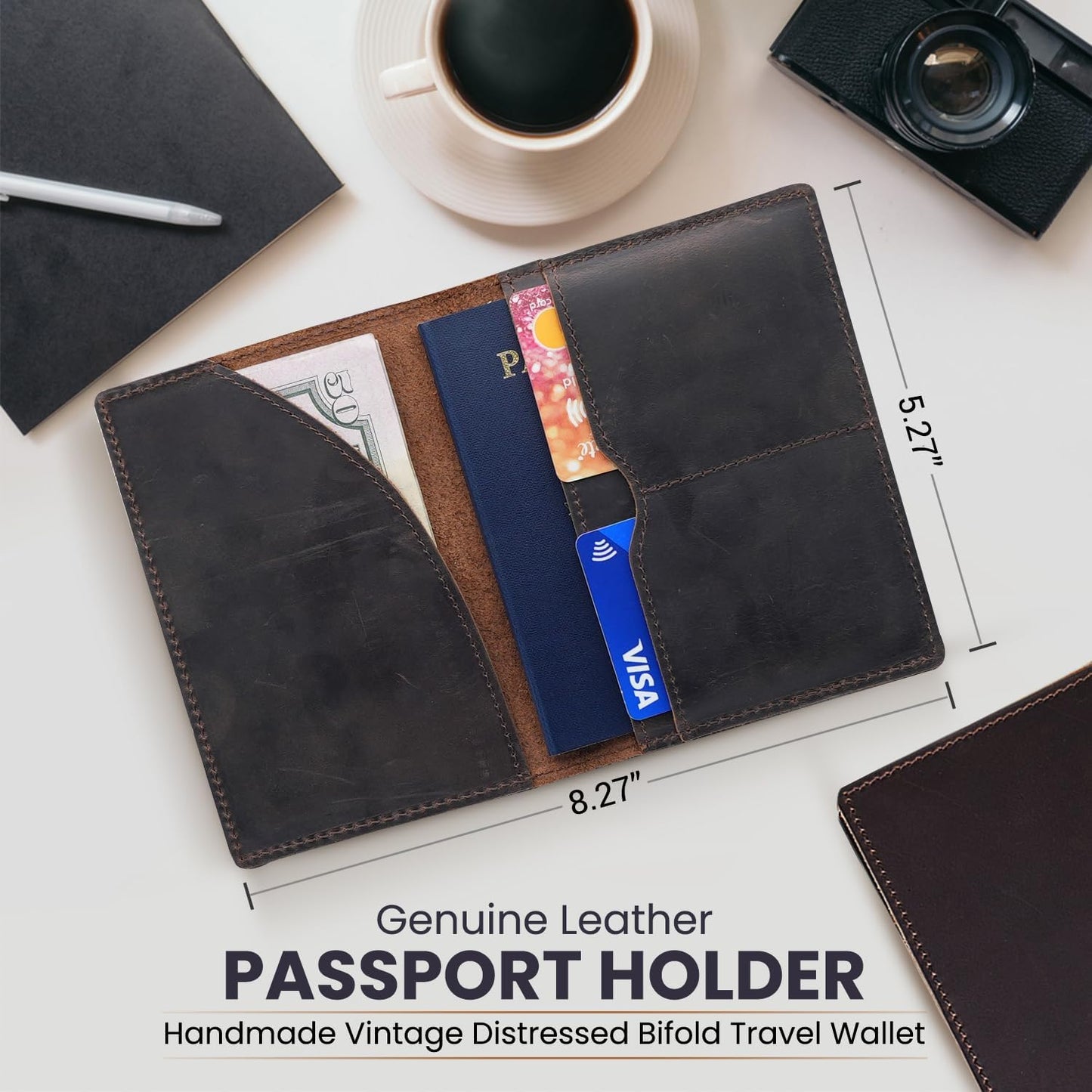 Leather Passport Holder with Travel Wallet, Genuine Leather Passport Cover- Passport Wallet