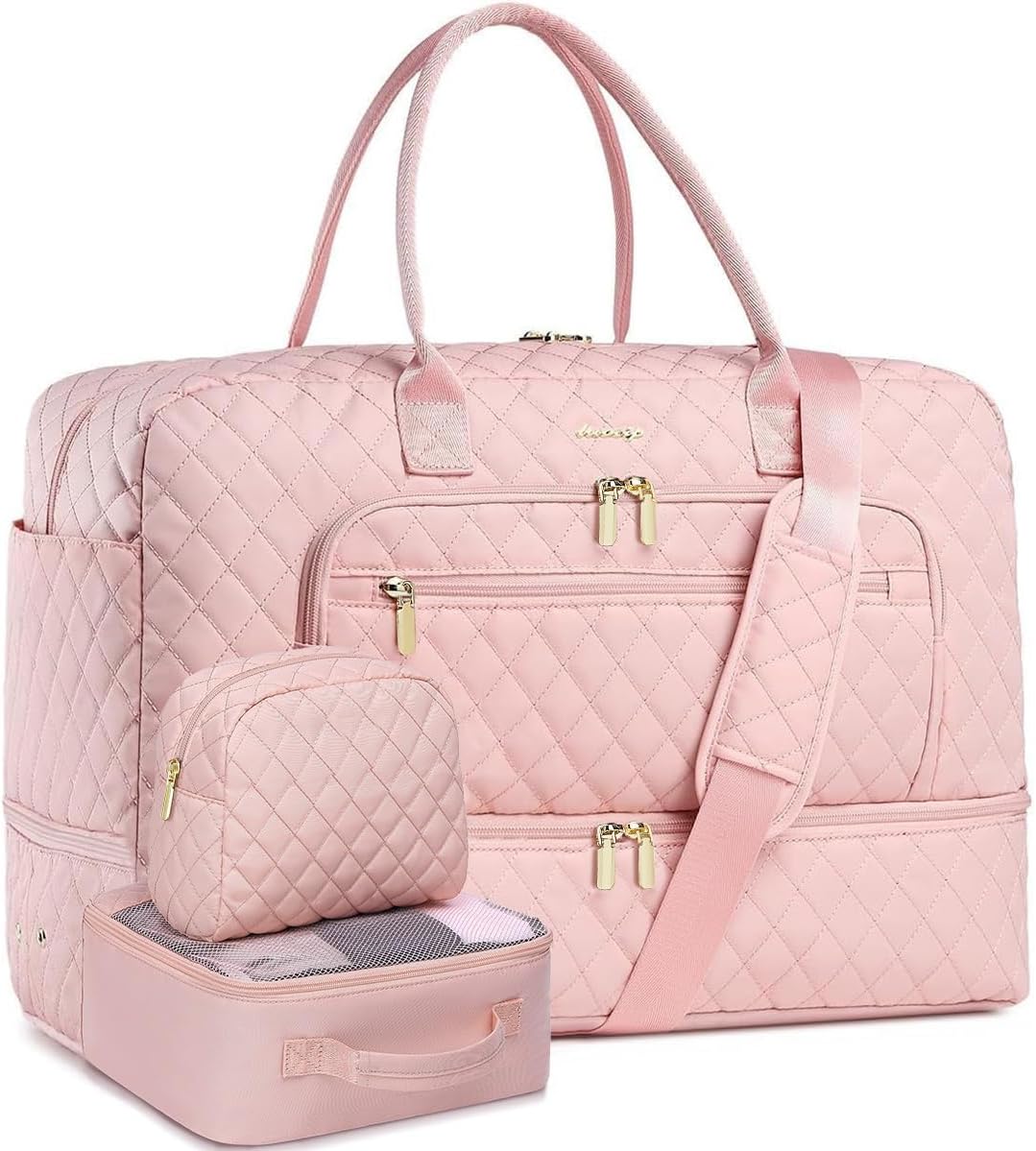 Large Women Travel Duffle Bag - Carry on Overnight Bag Weekend Travel Duffel Tote Gym Bag with Wet Pocket Toiletry Weekender Overnight Bag for Travel Business Trips Sports Hospital Pink 3 Pcs Set