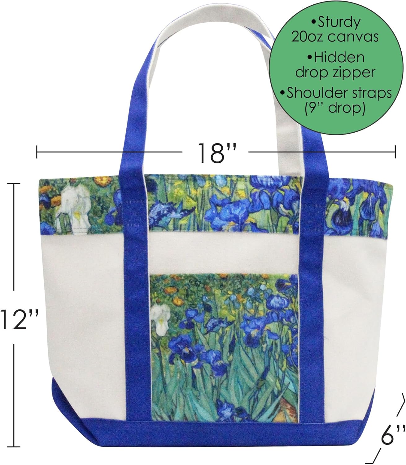 RainCaper Fine Art Large Cotton Canvas Tote Bag Roomy Heavy Duty Sturdy Boat Bag Zippered Top Lots of Pockets Shoulder Straps