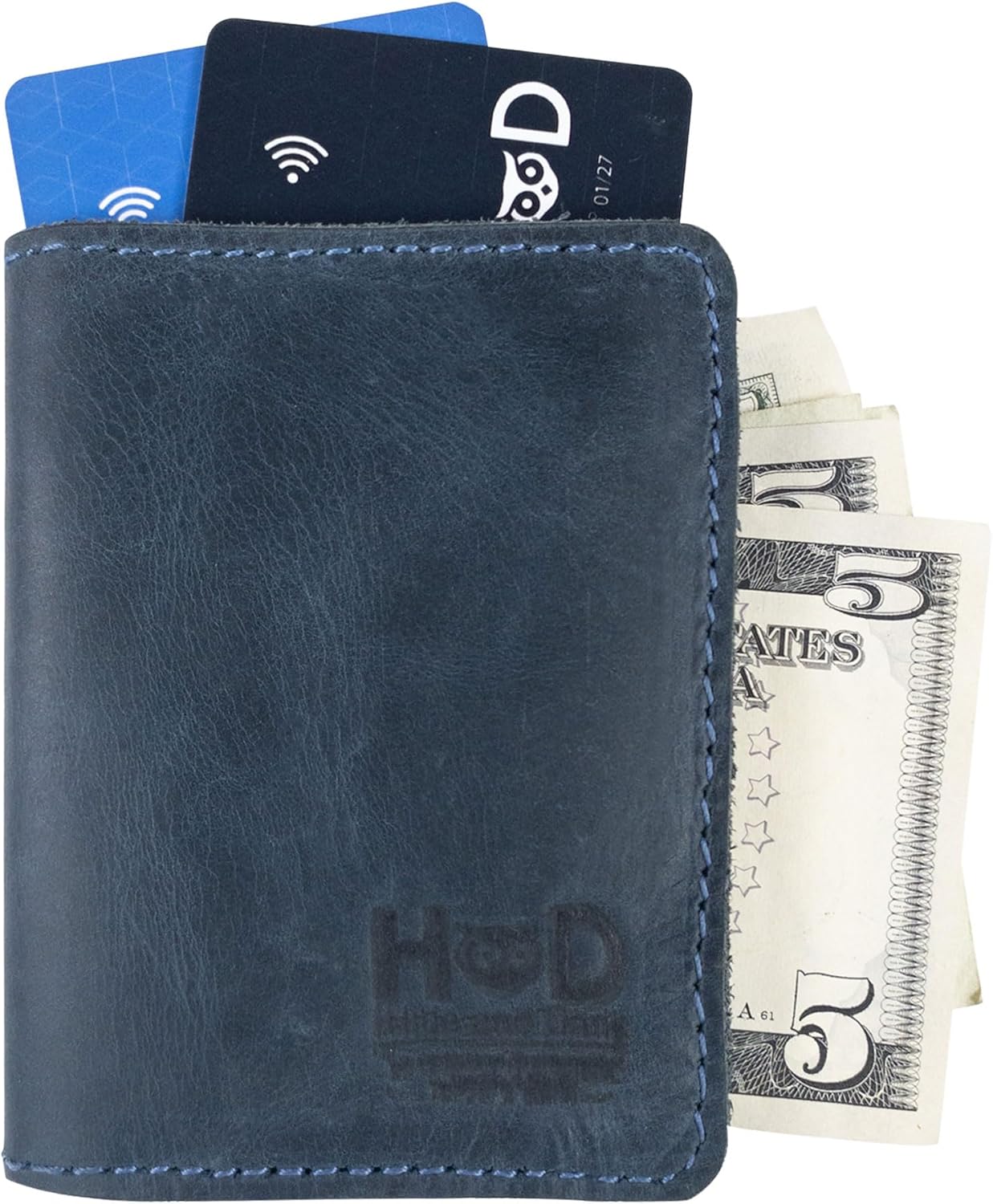 Hide & Drink, Bifold Wallet, Slim Card Holder, Minimalist Traveler Wallet, Vintage Front Pocket Wallet, Full Grain Leather, Handmade, Slate Blue