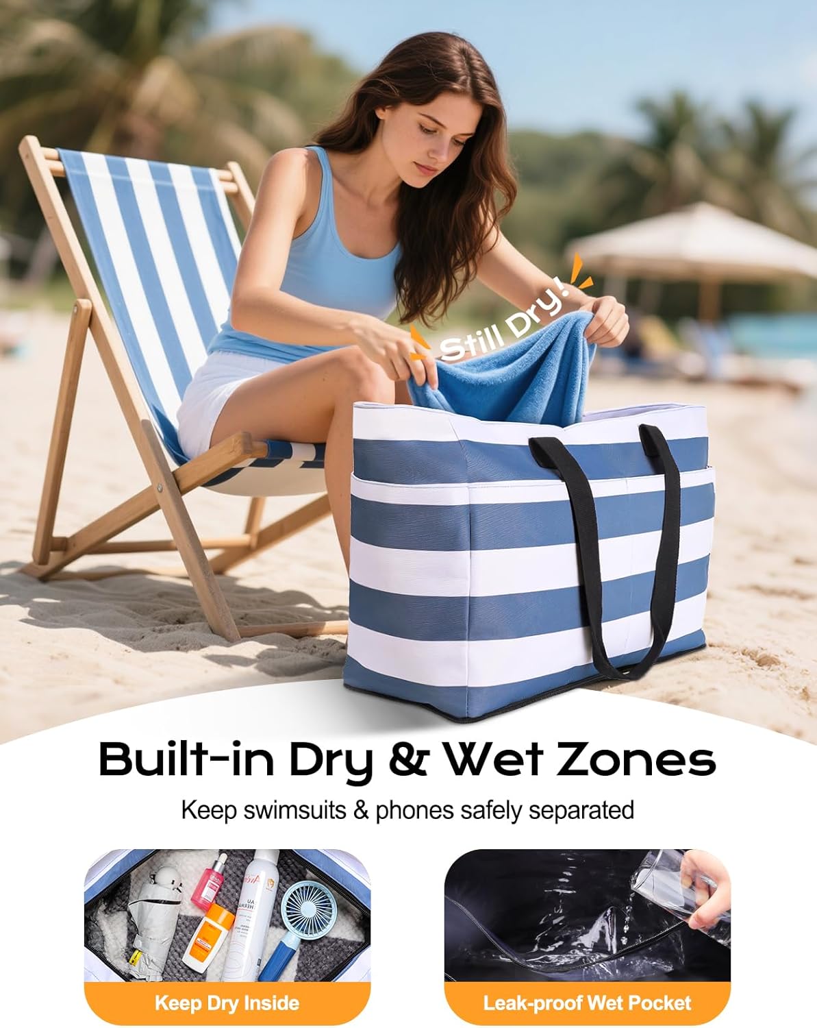 Beach Bag with Cooler, 54L Large Waterproof Sandproof Travel Tote Bag, Duffel Weekender Bag for Packing/Travel/Gym