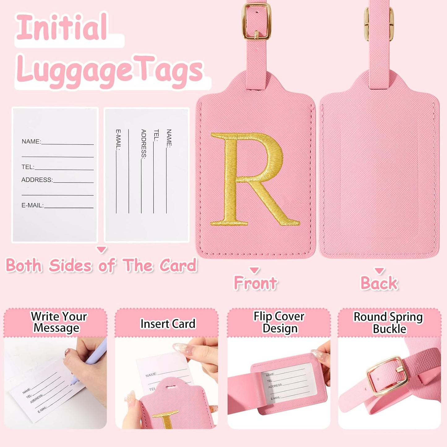Personalized Initial Luggage Tags for Suitcases, Cute PU Leather Embroidered Letter Travel Luggage Tags, Suitcase Identifier Name Baggage Tag, Bag Tags for Men Women Kids Luggage Handbags(Pink R)