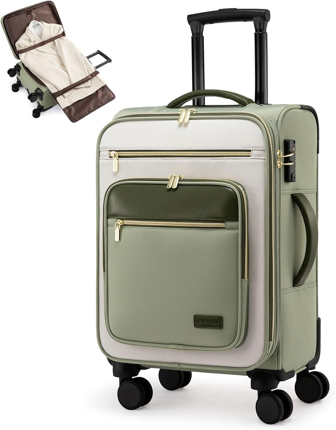 LOVEVOOK Carry on 22x14x9 Airline Approved,20 inch Lightweight Waterproof Suitcases with 360° silent swivel wheels, TSA Lock and Compartment, Large Capacity travel Suitcase Green-white