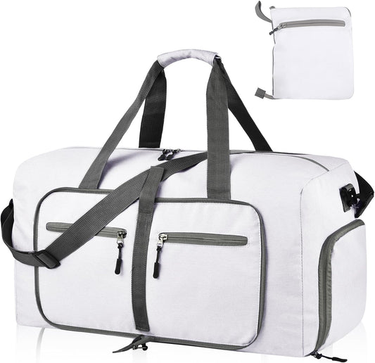 Dimayar 65L Travel Duffle Bag for Men Women - Foldable Duffel Bag with Shoes Compartment - Overnight Bags Waterproof & Tear Resistant(White)