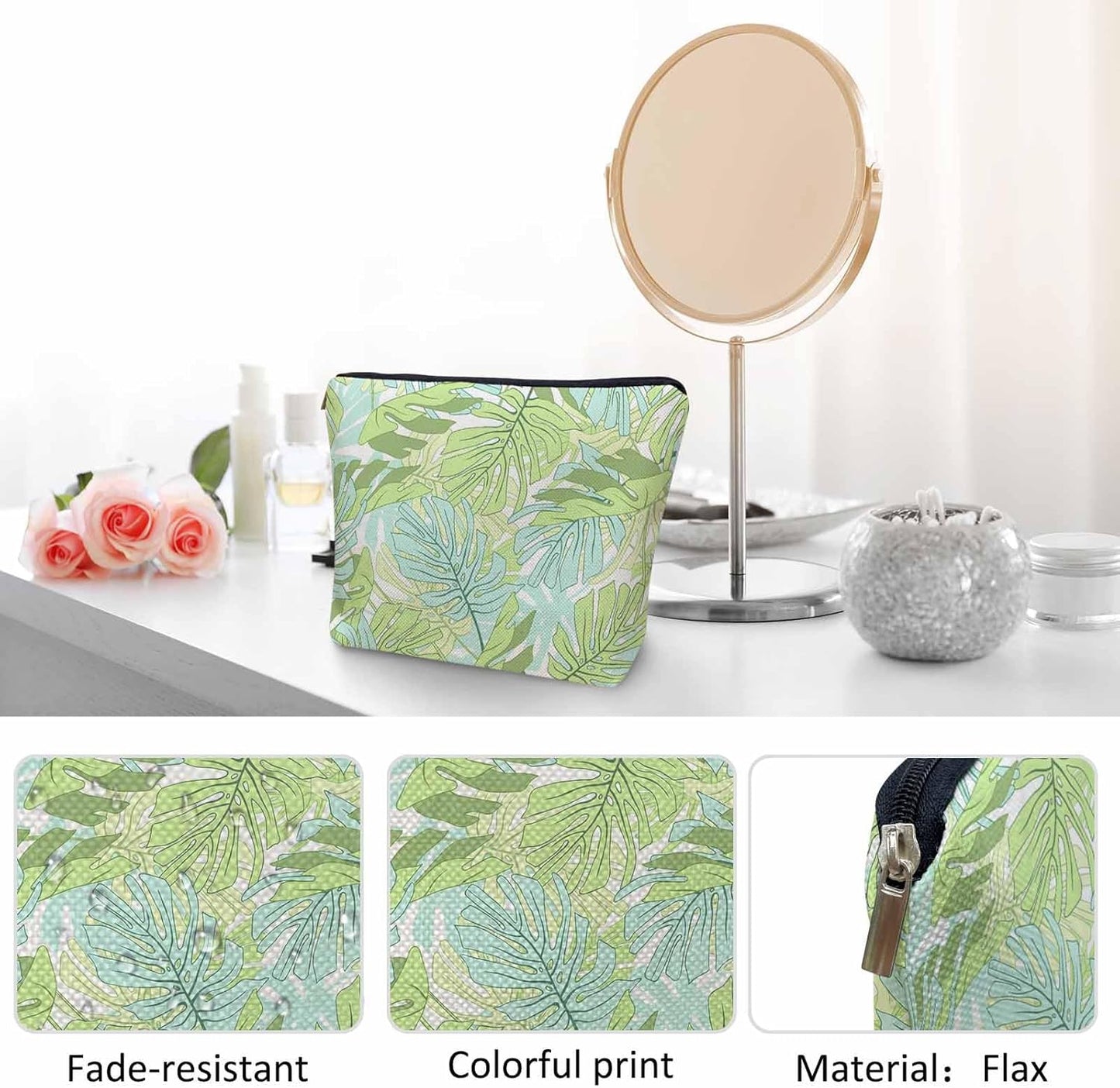 Palm Leaves Makeup Organizer Bag Cosmetic Bag For Men Women, Tropical Beach Palm Leaf Floral Travel Toiletry Bag Flax Makeup Bags Purse Business Makeup Pouch For Toiletries Cosmetics Green