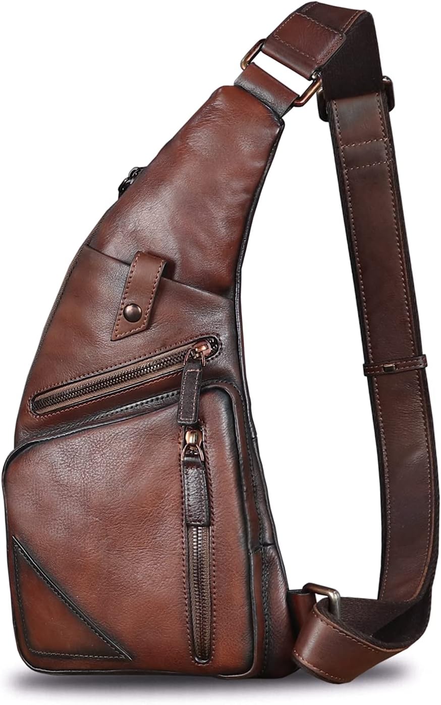 Genuine Leather Sling Bag for Men Vintage Handmade Crossbody Daypack Hiking Backpack Retro