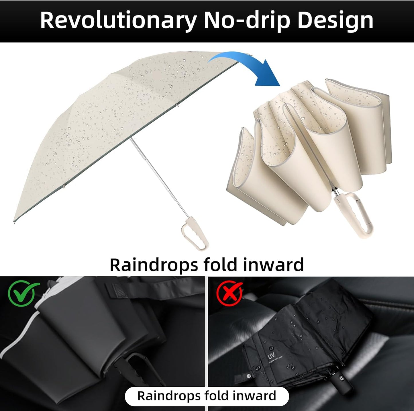 50in Inverted Folding Travel Umbrella – Windproof 10Ribs Upside Down Umbrella with Carabiner Handle, Rain Sun Protection for Women Men (Black)