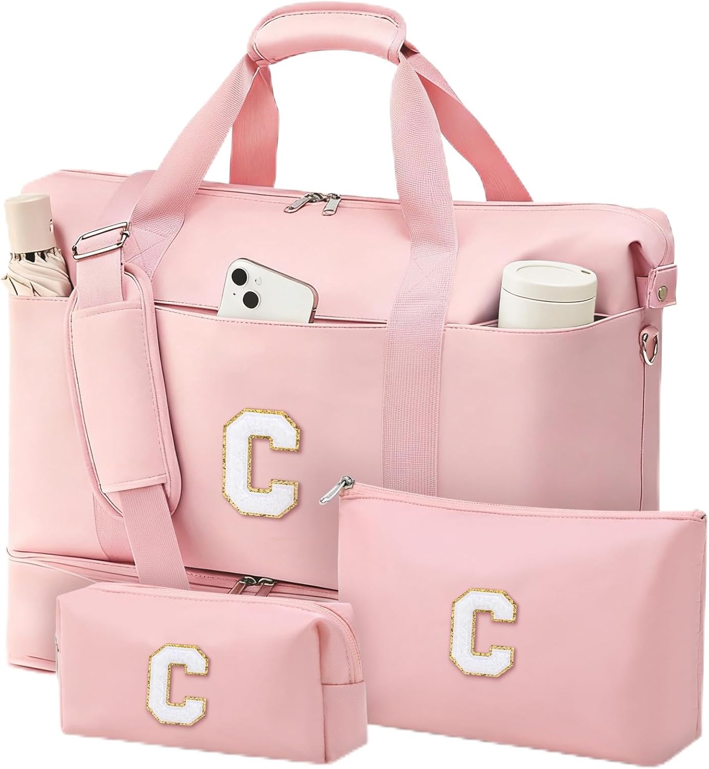 Personalized Initial Travel Duffle Bag for Women, Dance Bags with Foldable Shoe Compartment, Carry-On Weekender Duffel, Gifts for Teenage Girls, Water Resistant, Pink Letter C