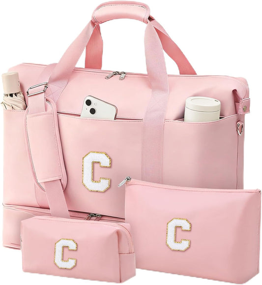 Personalized Initial Travel Duffle Bag for Women, Dance Bags with Foldable Shoe Compartment, Carry-On Weekender Duffel, Gifts for Teenage Girls, Water Resistant, Pink Letter C