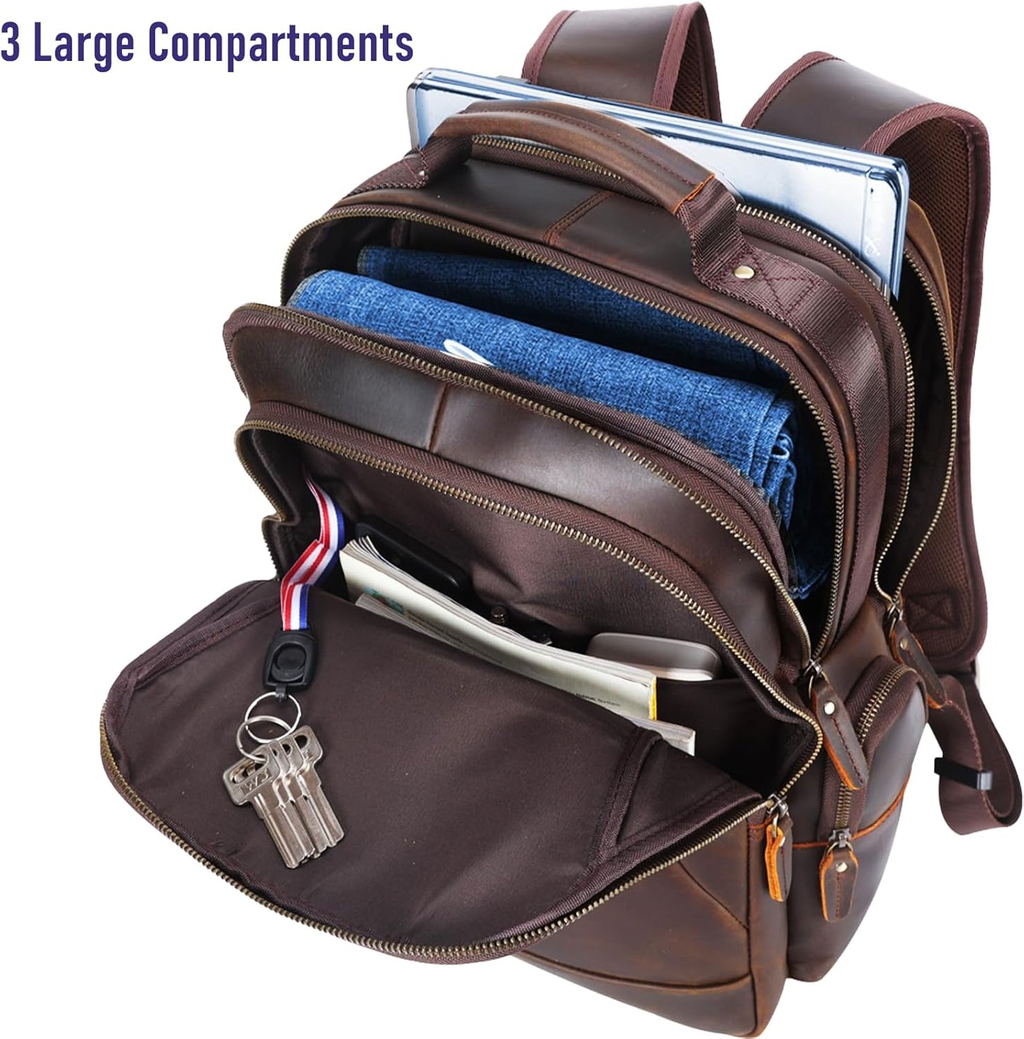 STAR VISTA Nettuno15.6 Vintage Full Grain Leather Laptop Backpack for Men, Multi Pockets, Casual Outdoor Business Travel Rucksack, YKK Zippers