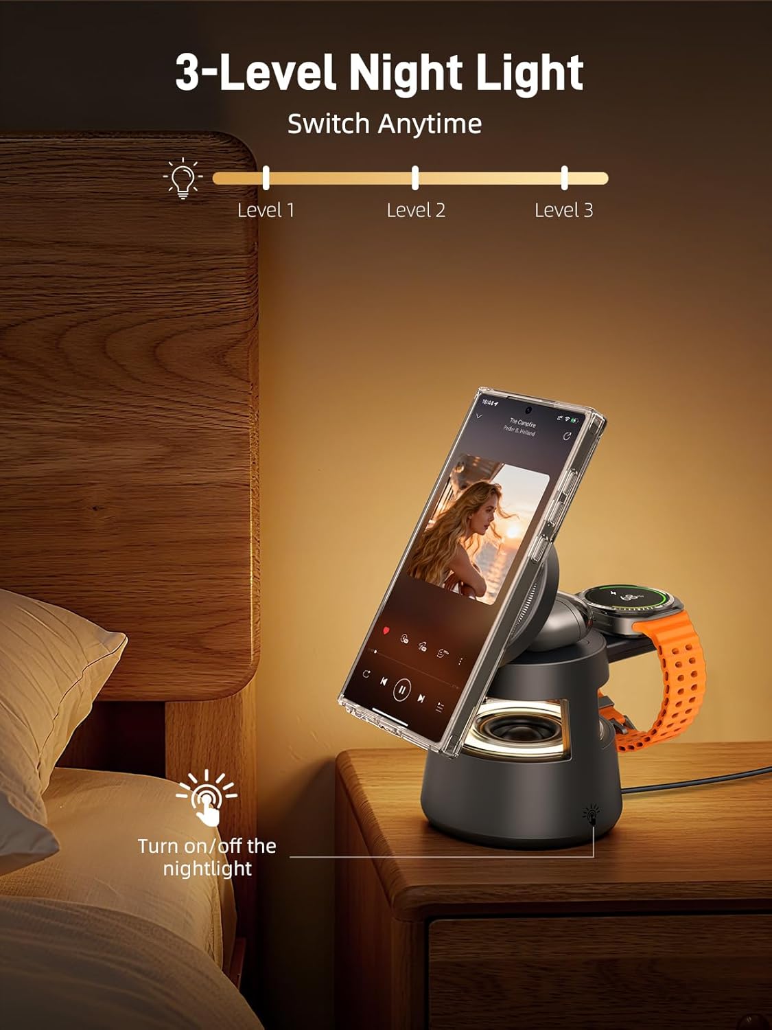 Wireless Charger for Samsung, 3 in 1 Magnetic Charging Station for Samsung Galaxy S25 Ultra/Z Fold7/Flip, Watch 8/Ultra/7/6/5, Galaxy Buds 3 Pro, with Bluetooth Speaker and Night Light (Gift Ideal)
