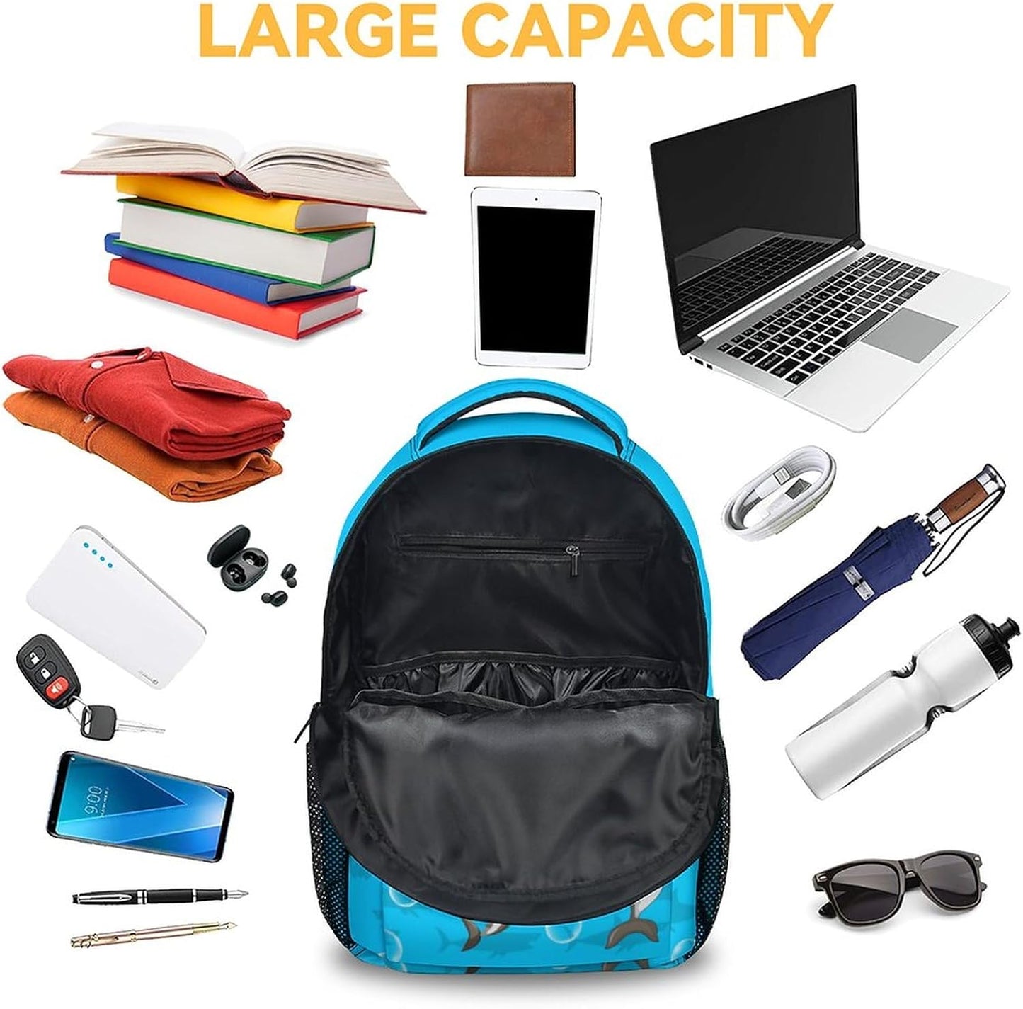 Shark Backpacks for Boys, Large Capacity Backpack for School, Funny Blue Lightweight Bookbag for Kids