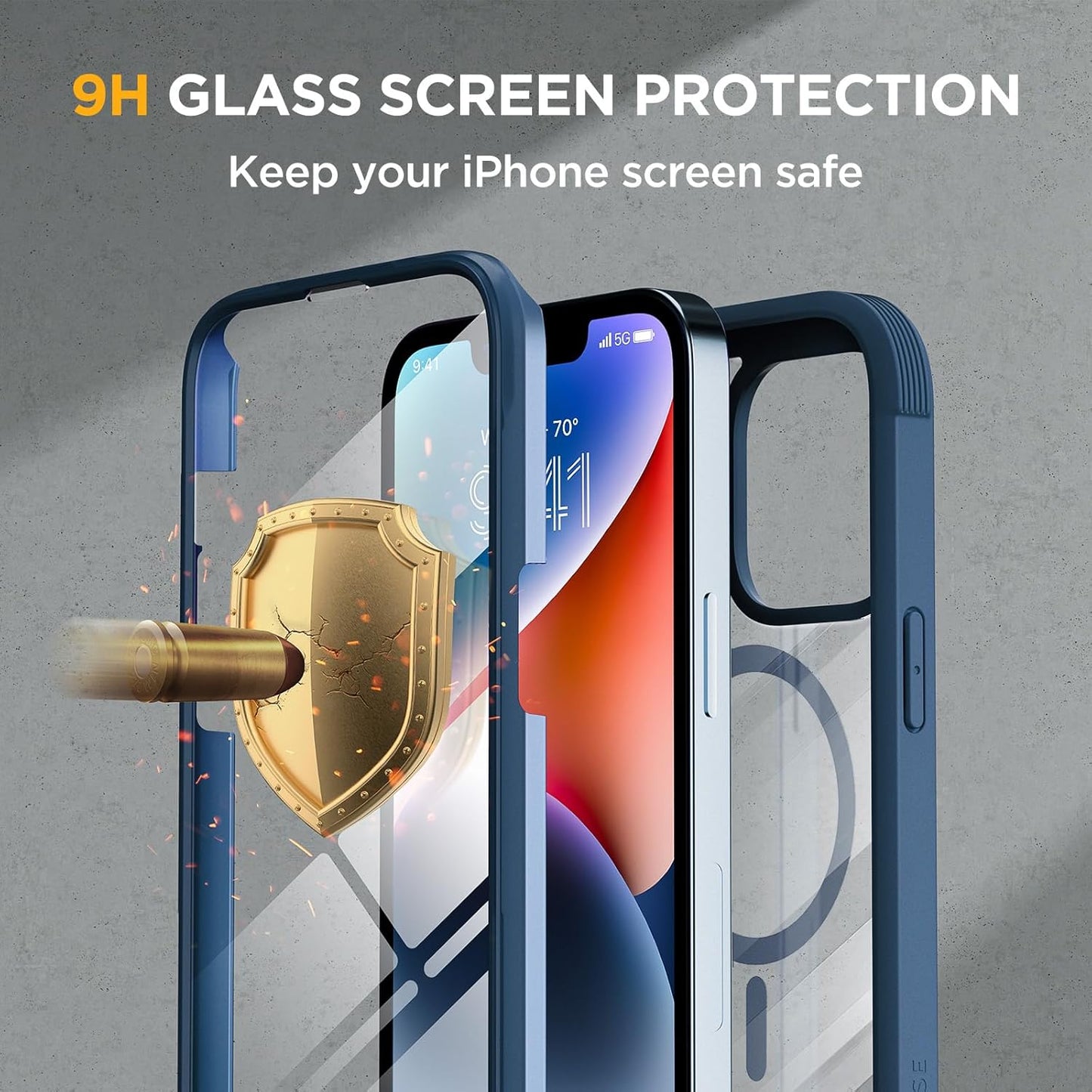 Miracase Glass Series Designed for iPhone 14 Plus Case 6.7 inch, 2023 Upgrade Full-Body Magnetic Clear Case with Built-in 9H Tempered Glass Screen Protector,Compatible with MagSafe,Blue