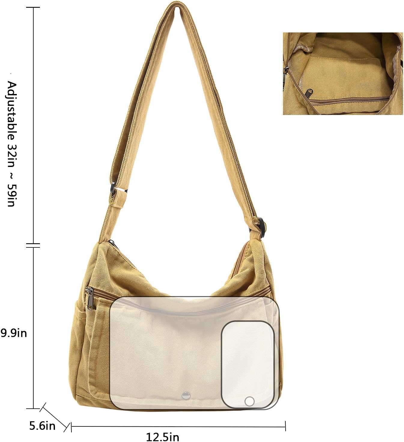 Canvas Messenger Bag for Women Hobo Crossbody Shoulder Bag Vintage Satchel Tote Handbag with Multiple Pockets