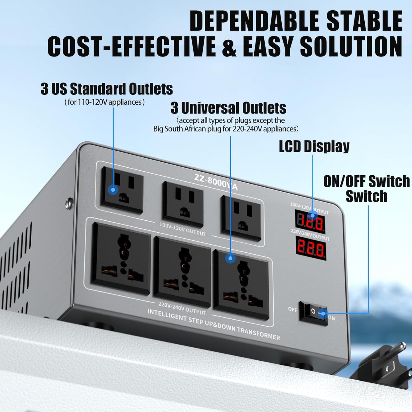 8000W Voltage Converter Auto Transformer,110/120/220/240V Heavy Duty Step Up/Down Power Converter Transformer with 3 US Outlets,3 Universal Outlets, LCD Display,Resettable Circuit Breaker Protection