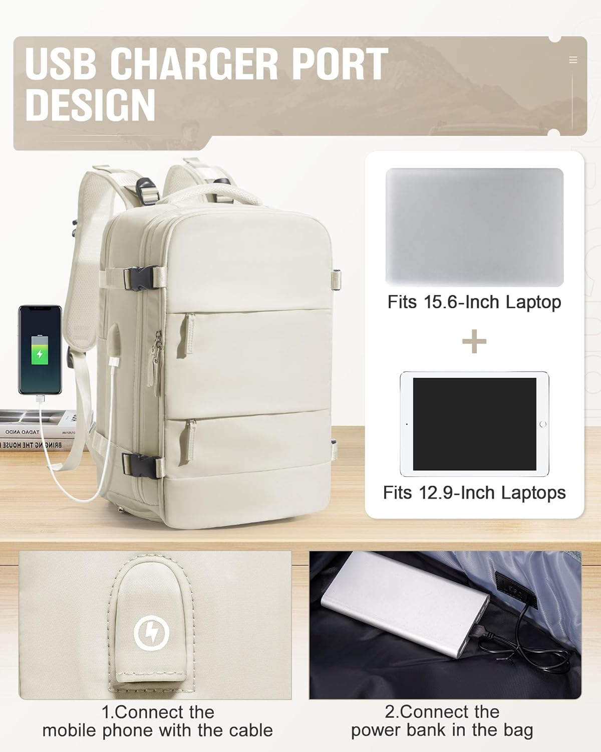 Vacuum Backpack Travel with pump,Flight Approved 18x14x8 Inches,Personal Item Travel Bag,Vacuum Seal Compression Backpack with Pump for Travel, 15.6 Inches Laptop Bag for Men,Beige