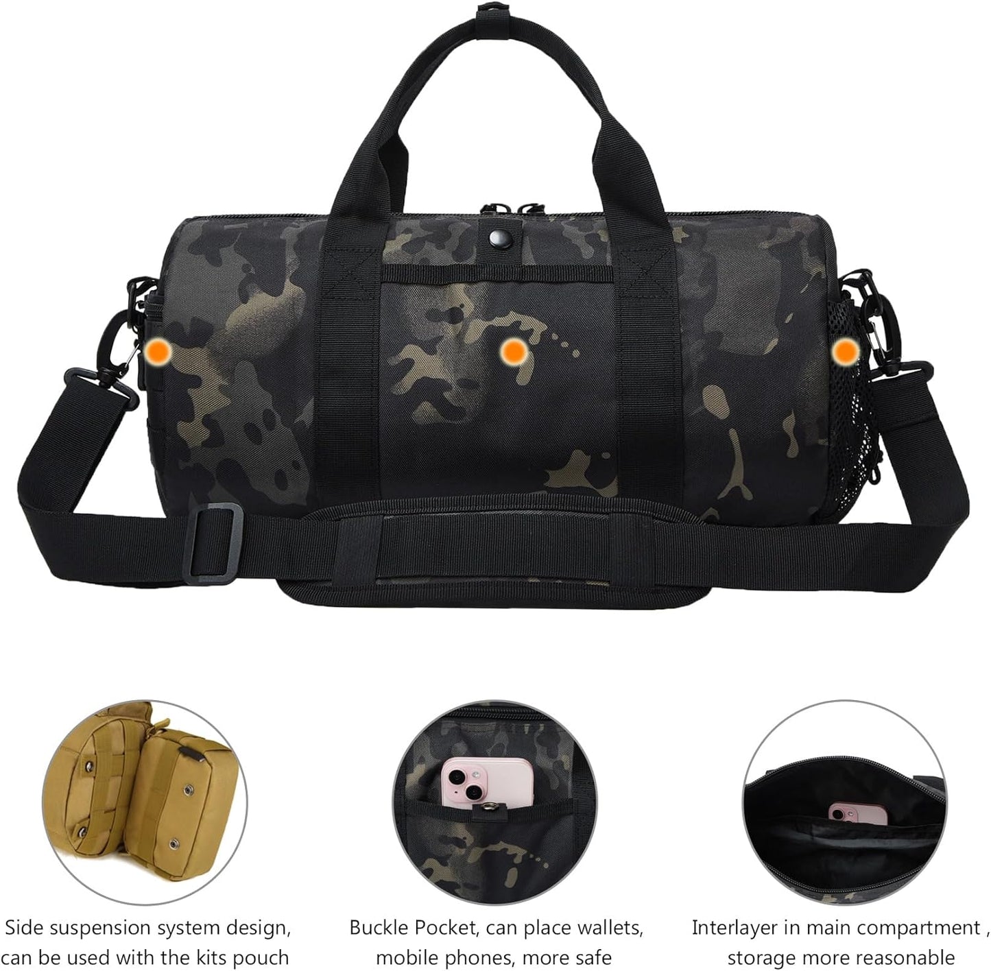 ArcEnCiel Small Tactical Duffle Bag Men Gym Pack Military Molle Shoulder Bags Shoes Storage Sports Handbag with Patch (Black Camo)