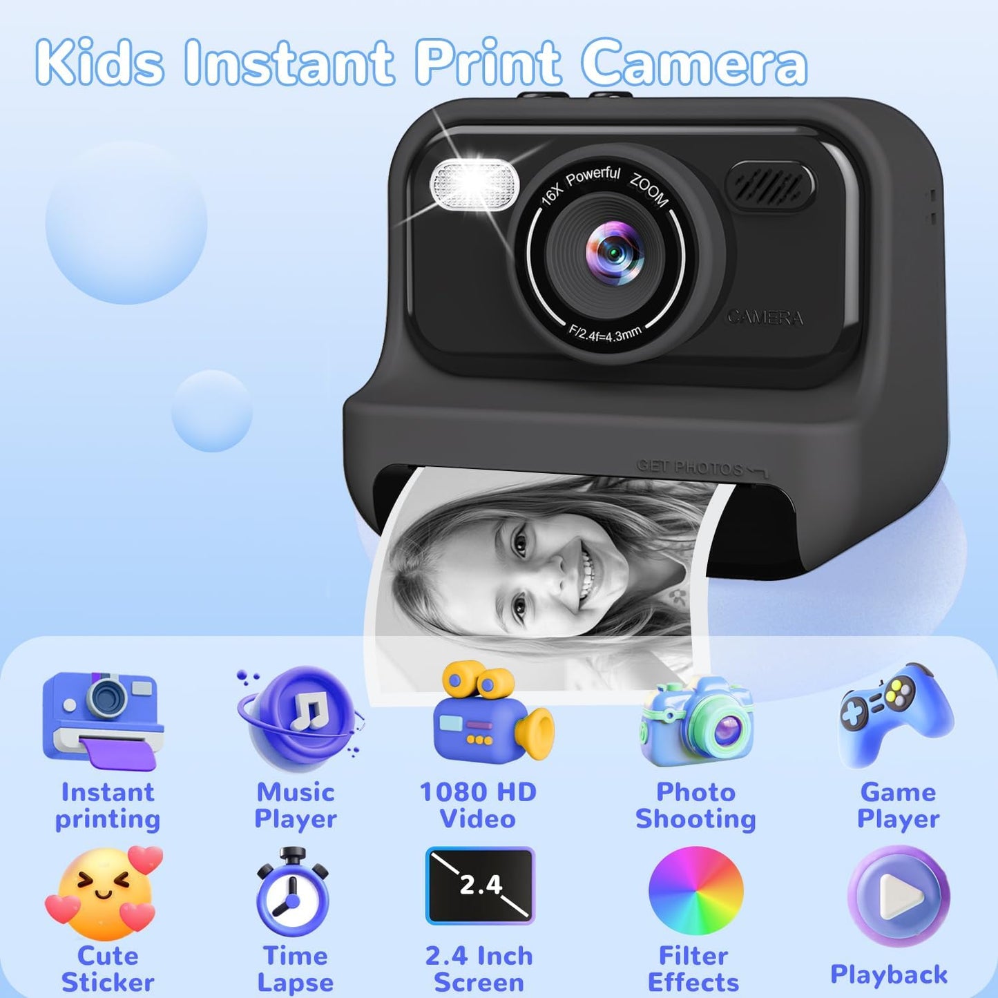 Instant Print Camera for Kids,2.4 Inch Screen Kids Instant Cameras, Christmas Birthday Gifts for Girls Age 3-12, Portable Toddler Toy for 3 4 5 6 7 8 9 10 Year Old Girls Boys，Black