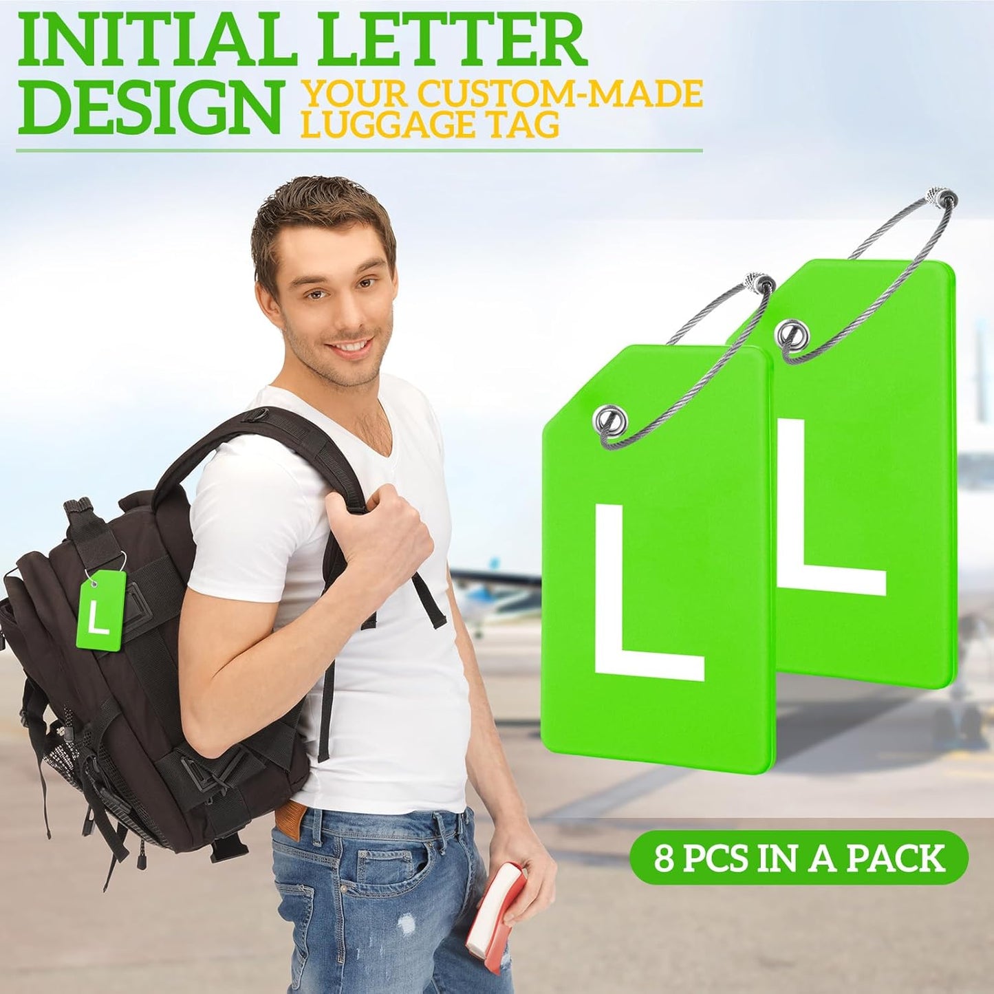 8 Pcs Initial Letter A-Z Luggage Tags Silicone Suitcase Instrument Tag with Name Card and Stainless Steel Loop(Letter L,Green)